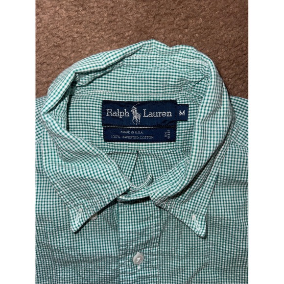 VTG‎ Ralph Lauren Button Up Men's Medium Green White Short Sleeve Gingham Shirt - Picture 5 of 8